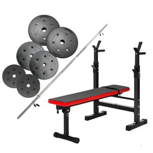 PACK BANCA + BARRA PREOLIMPICO 180CM MAS 55KG EN DISCOS PVC